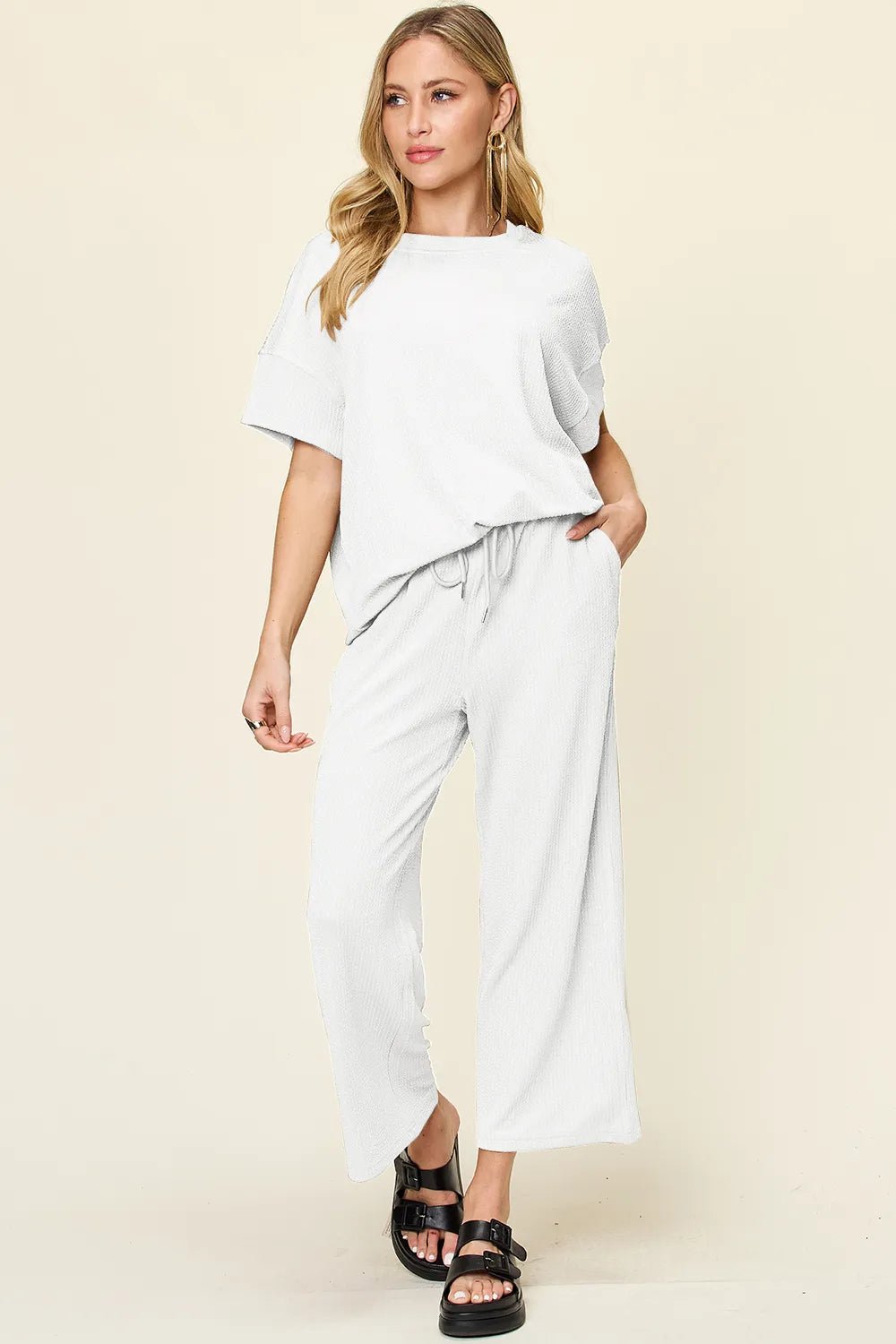 Double Take Full Size Texture Round Neck Short Sleeve T-Shirt and Wide Leg Pants - Absolute Discounts