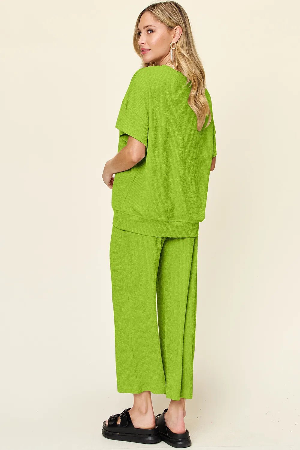 Double Take Full Size Texture Round Neck Short Sleeve T-Shirt and Wide Leg Pants - Absolute Discounts