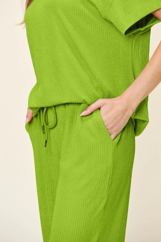 Double Take Full Size Texture Round Neck Short Sleeve T-Shirt and Wide Leg Pants - Absolute Discounts