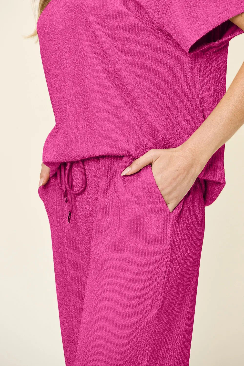 Double Take Full Size Texture Round Neck Short Sleeve T-Shirt and Wide Leg Pants - Absolute Discounts
