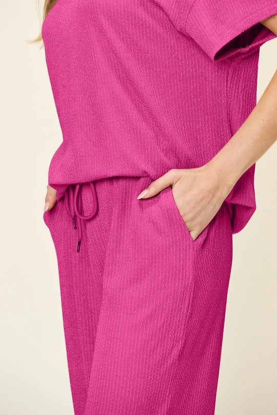 Double Take Full Size Texture Round Neck Short Sleeve T-Shirt and Wide Leg Pants - Absolute Discounts