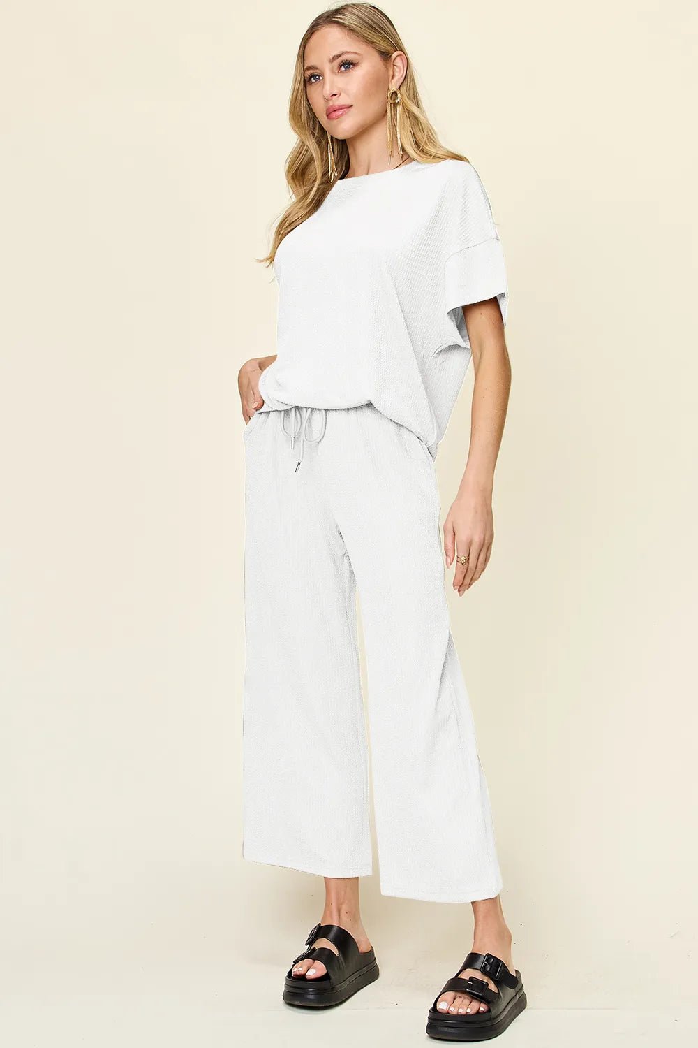 Double Take Full Size Texture Round Neck Short Sleeve T-Shirt and Wide Leg Pants - Absolute Discounts