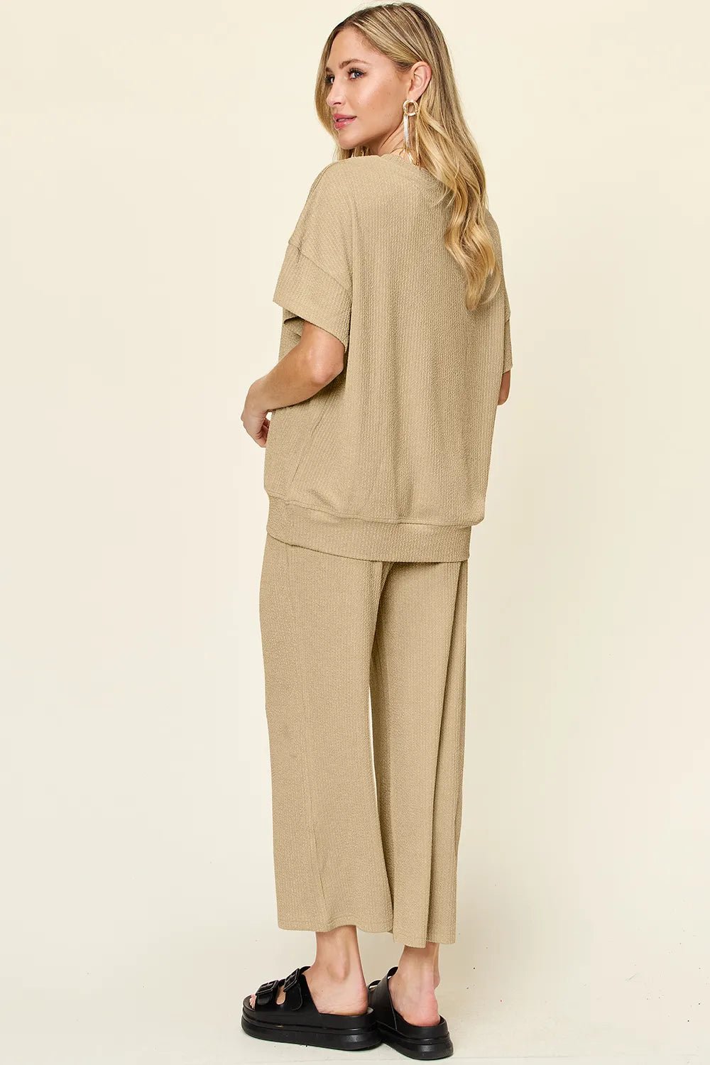 Double Take Full Size Texture Round Neck Short Sleeve T-Shirt and Wide Leg Pants - Absolute Discounts