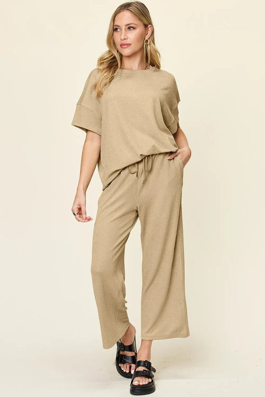 Double Take Full Size Texture Round Neck Short Sleeve T-Shirt and Wide Leg Pants - Absolute Discounts
