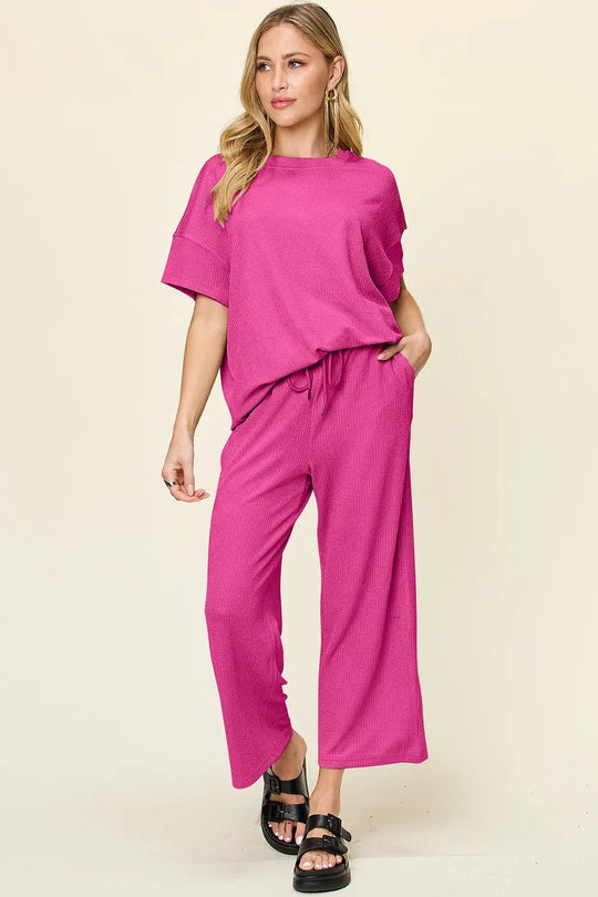 Double Take Full Size Texture Round Neck Short Sleeve T-Shirt and Wide Leg Pants - Absolute Discounts