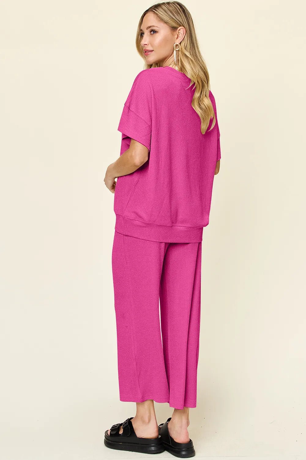 Double Take Full Size Texture Round Neck Short Sleeve T-Shirt and Wide Leg Pants - Absolute Discounts