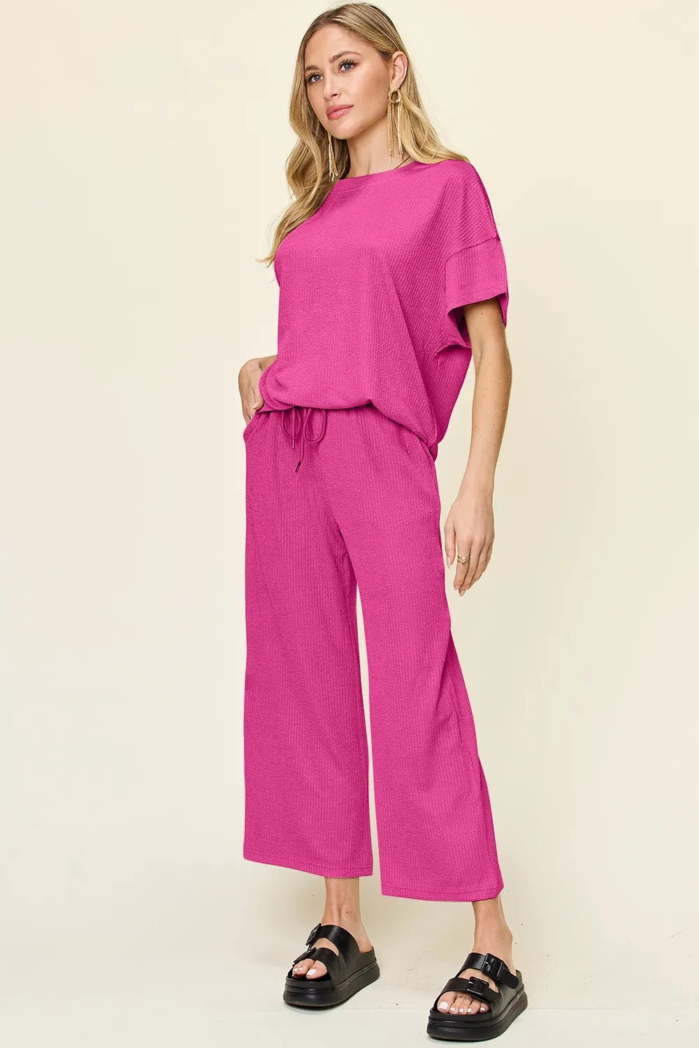 Double Take Full Size Texture Round Neck Short Sleeve T-Shirt and Wide Leg Pants - Absolute Discounts