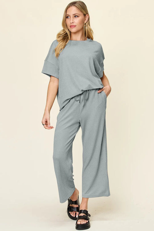 Double Take Full Size Texture Round Neck Short Sleeve T-Shirt and Wide Leg Pants - Absolute Discounts