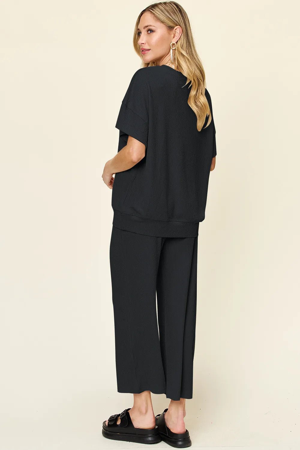 Double Take Full Size Texture Round Neck Short Sleeve T-Shirt and Wide Leg Pants - Absolute Discounts