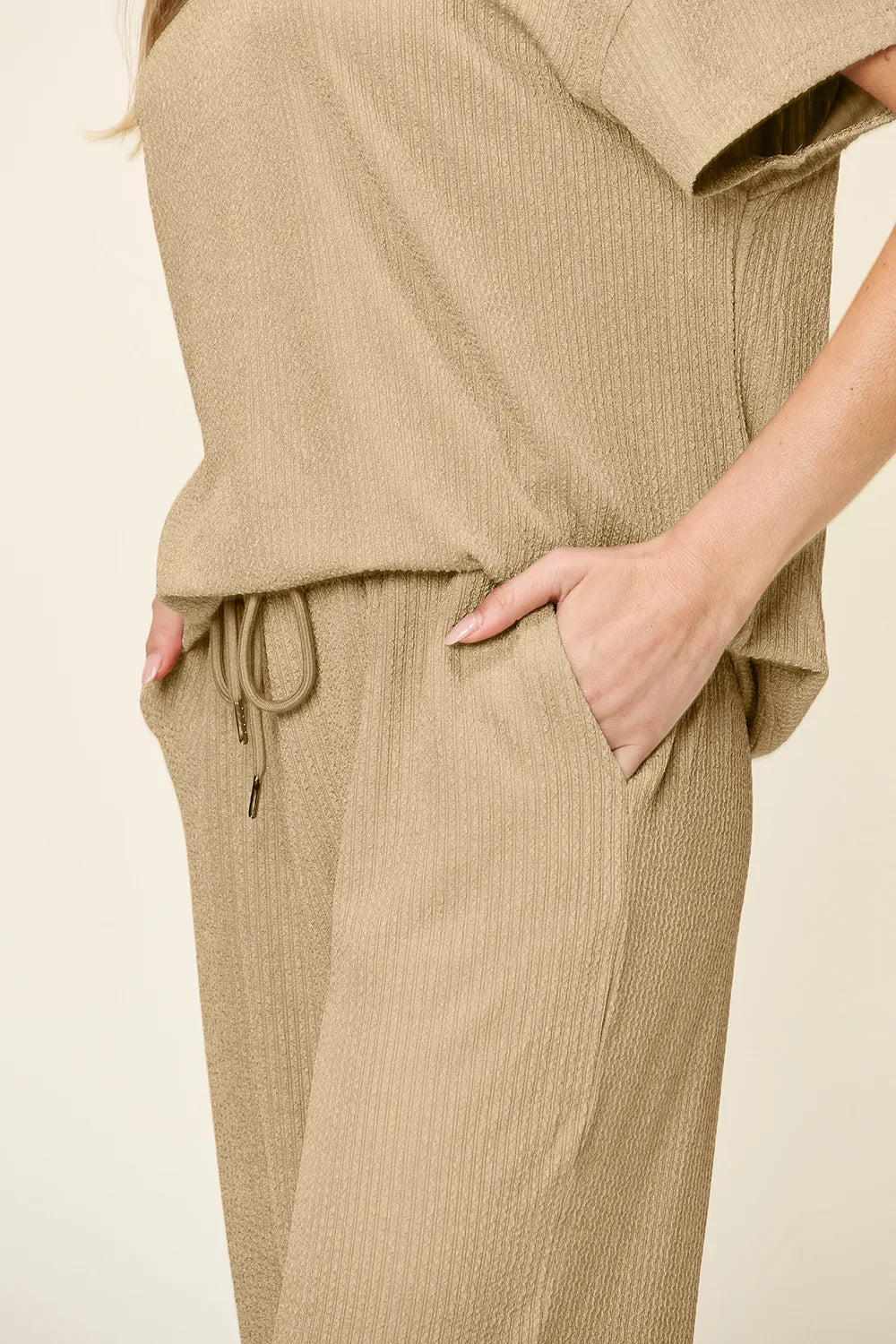 Double Take Full Size Texture Round Neck Short Sleeve T-Shirt and Wide Leg Pants - Absolute Discounts