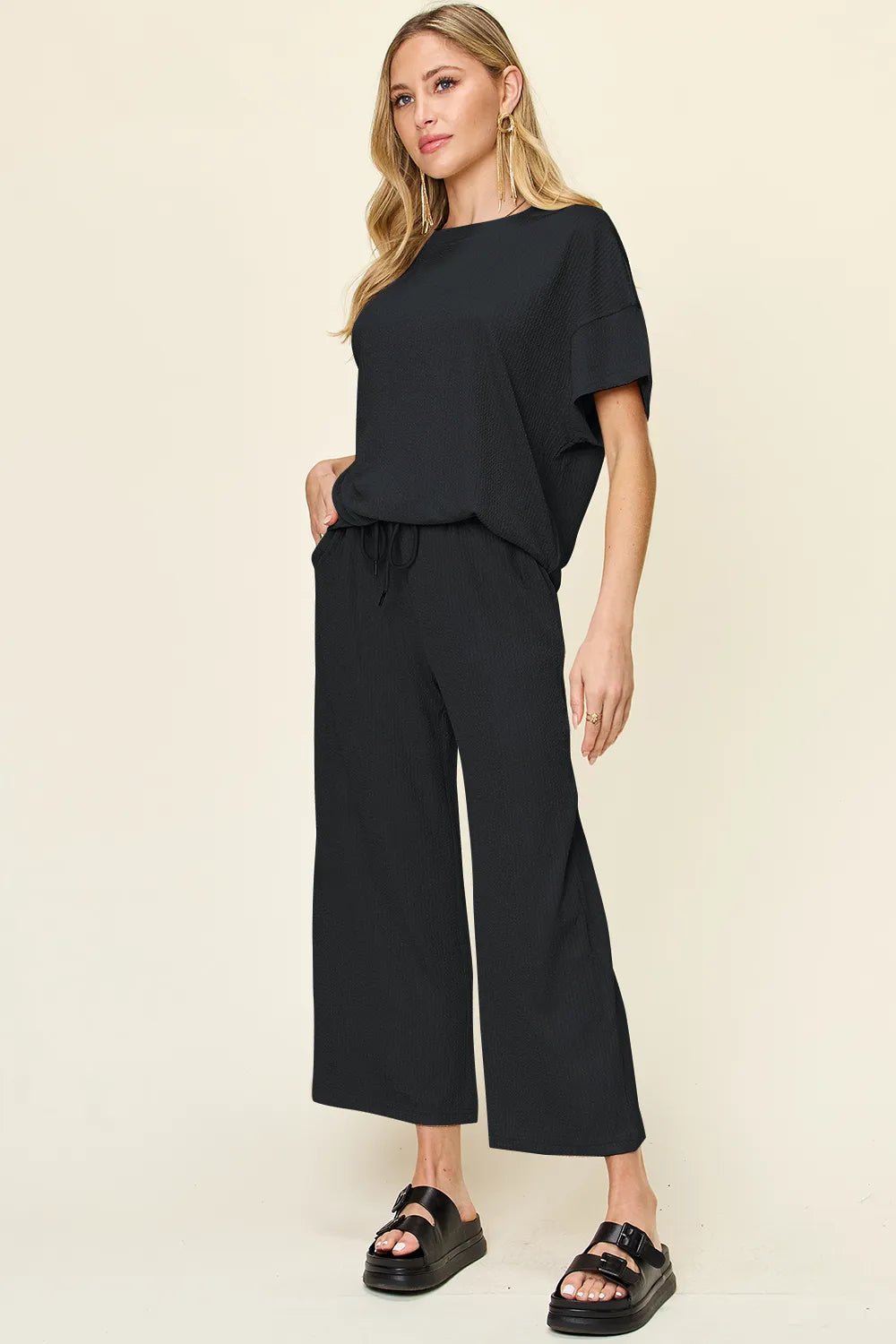 Double Take Full Size Texture Round Neck Short Sleeve T-Shirt and Wide Leg Pants - Absolute Discounts