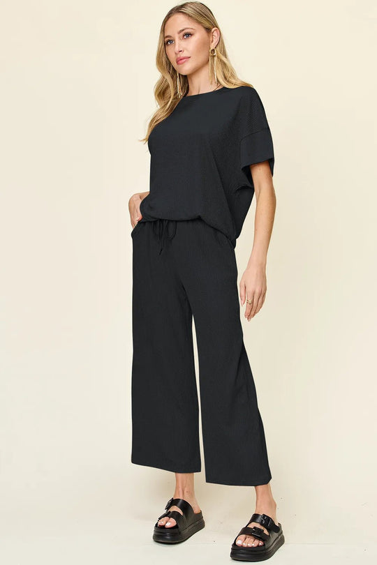 Double Take Full Size Texture Round Neck Short Sleeve T-Shirt and Wide Leg Pants - Absolute Discounts