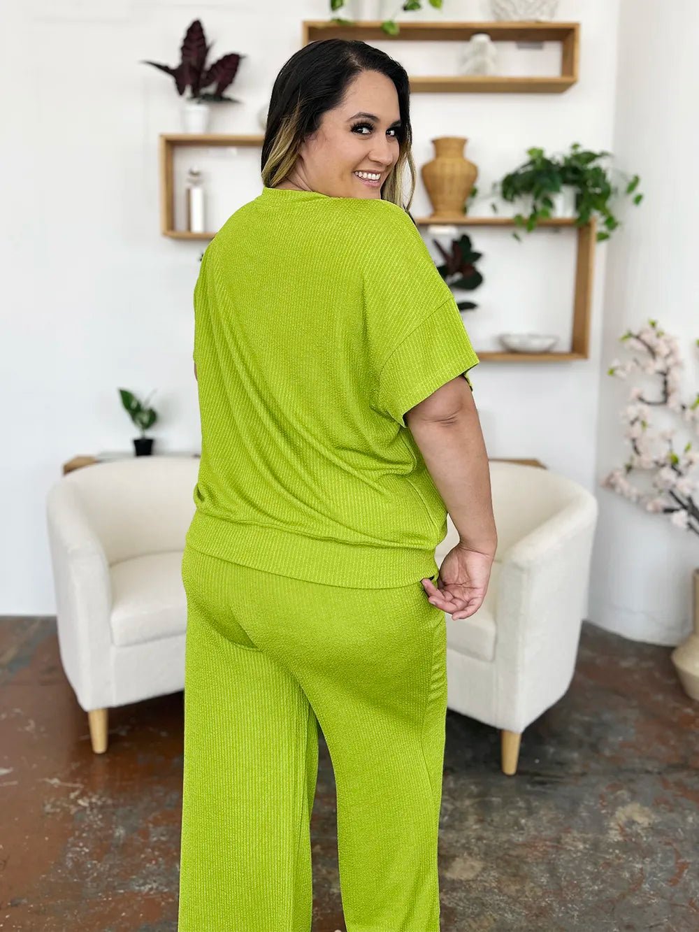 Double Take Full Size Texture Round Neck Short Sleeve T-Shirt and Wide Leg Pants - Absolute Discounts