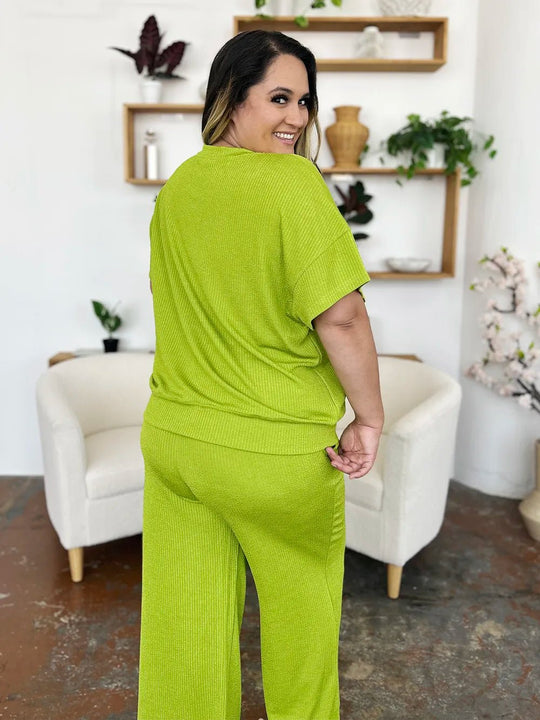 Double Take Full Size Texture Round Neck Short Sleeve T-Shirt and Wide Leg Pants - Absolute Discounts