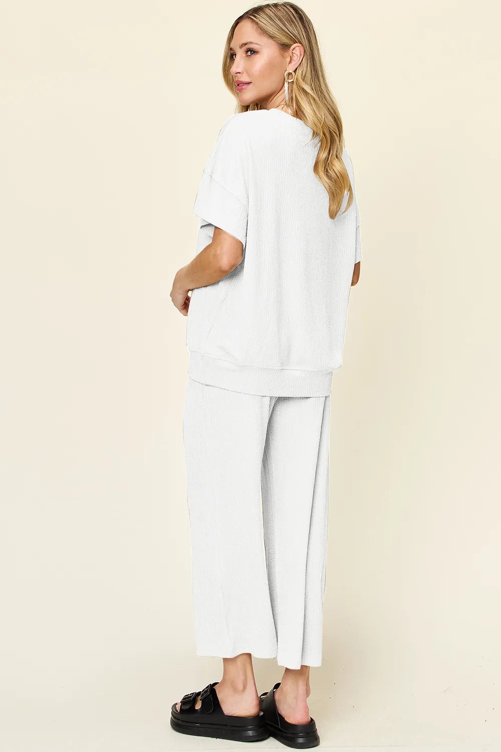 Double Take Full Size Texture Round Neck Short Sleeve T-Shirt and Wide Leg Pants - Absolute Discounts