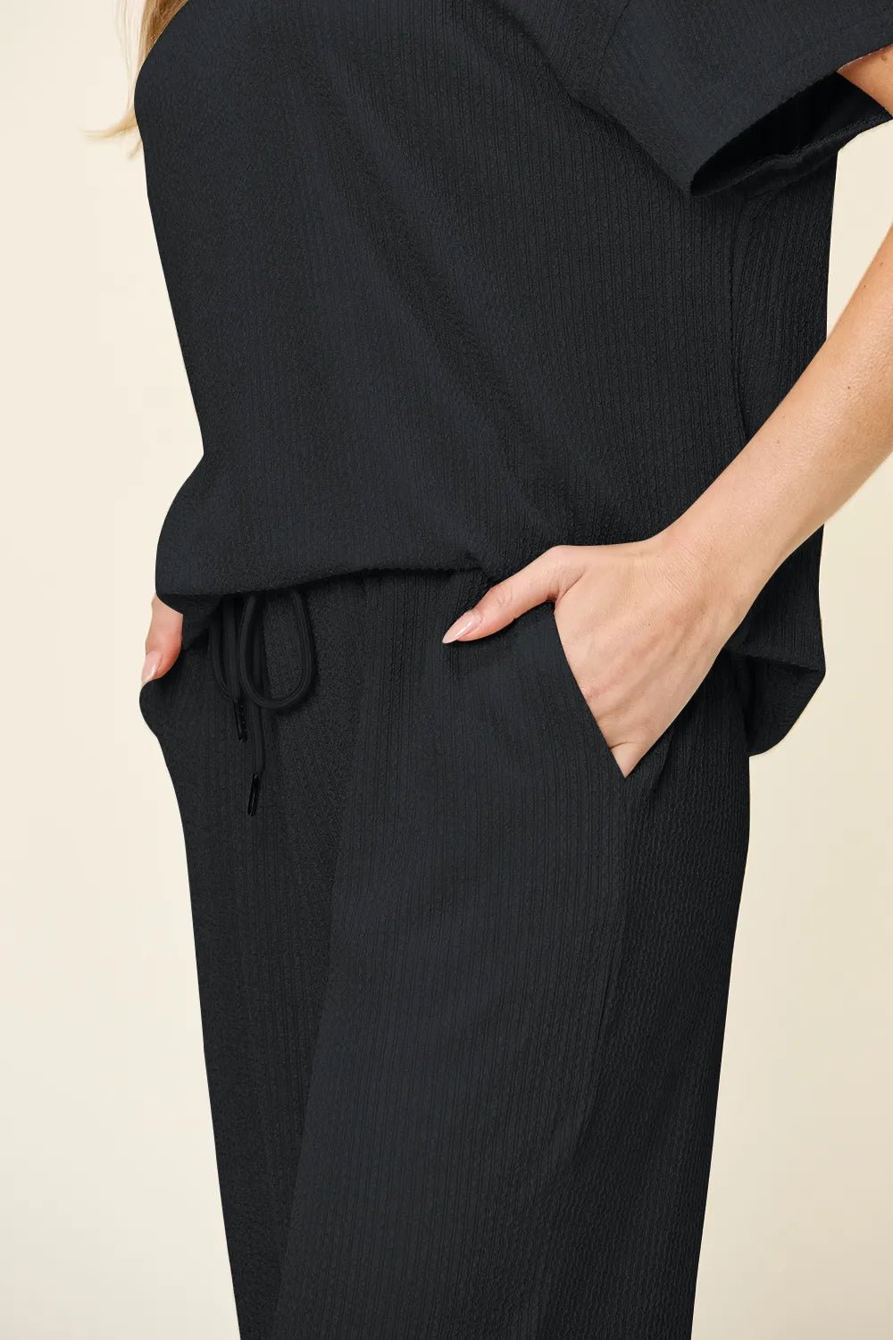 Double Take Full Size Texture Round Neck Short Sleeve T-Shirt and Wide Leg Pants - Absolute Discounts