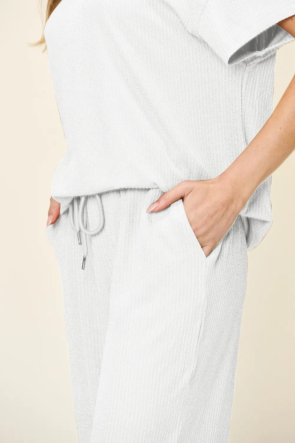 Double Take Full Size Texture Round Neck Short Sleeve T-Shirt and Wide Leg Pants - Absolute Discounts