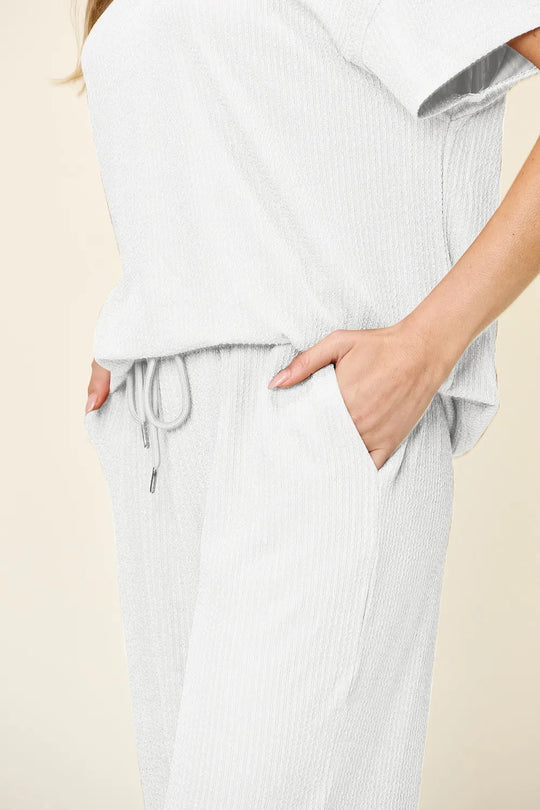 Double Take Full Size Texture Round Neck Short Sleeve T-Shirt and Wide Leg Pants - Absolute Discounts