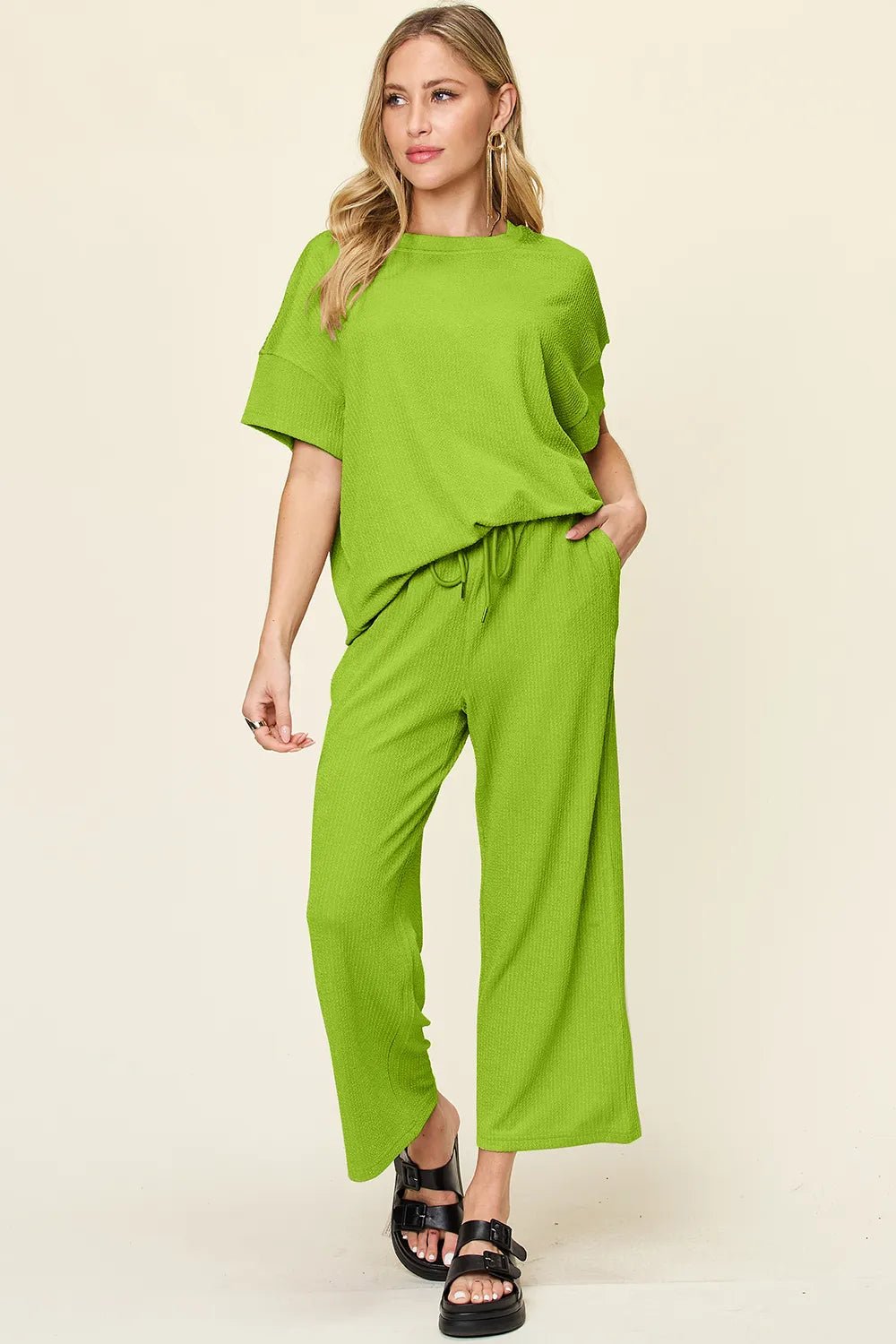 Double Take Full Size Texture Round Neck Short Sleeve T-Shirt and Wide Leg Pants - Absolute Discounts