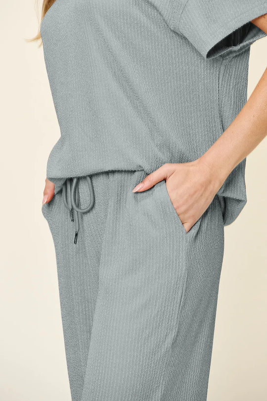 Double Take Full Size Texture Round Neck Short Sleeve T-Shirt and Wide Leg Pants - Absolute Discounts