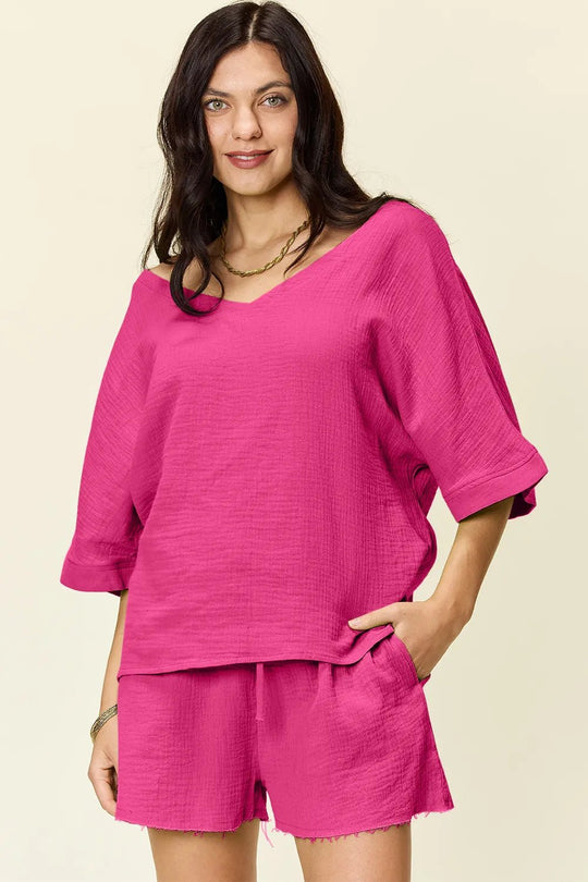 Double Take Texture Half Sleeve T-Shirt and Drawstring Shorts Set - Absolute Discounts