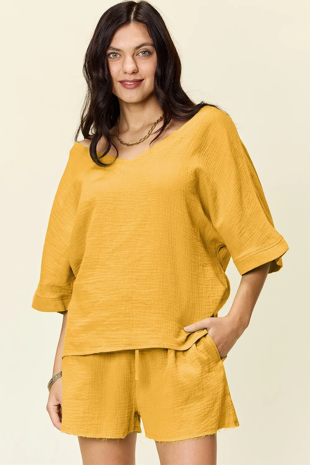 Double Take Texture Half Sleeve T-Shirt and Drawstring Shorts Set - Absolute Discounts