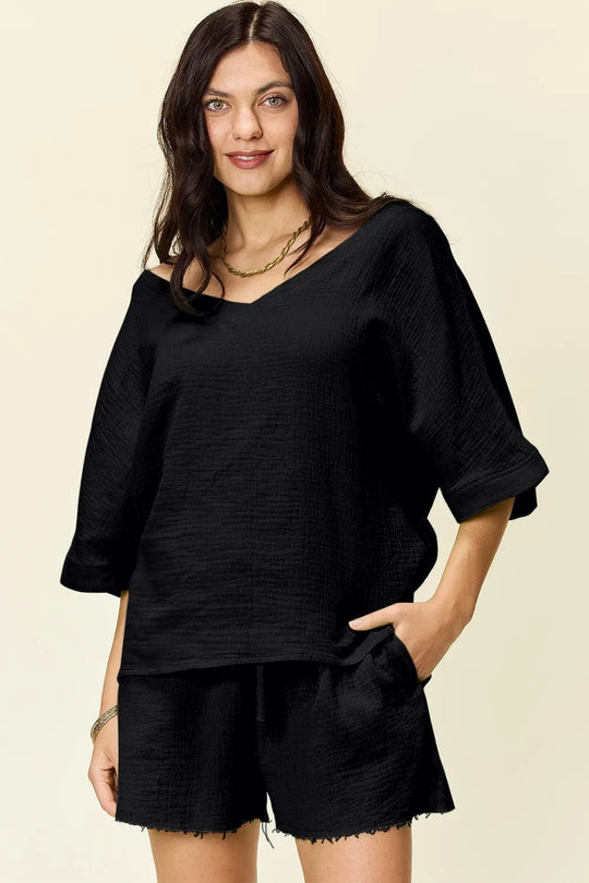Double Take Texture Half Sleeve T-Shirt and Drawstring Shorts Set - Absolute Discounts