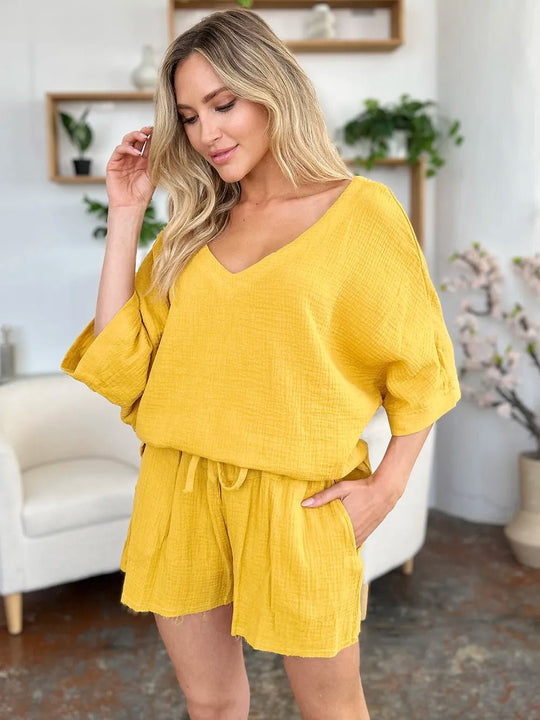 Double Take Texture Half Sleeve T-Shirt and Drawstring Shorts Set - Absolute Discounts