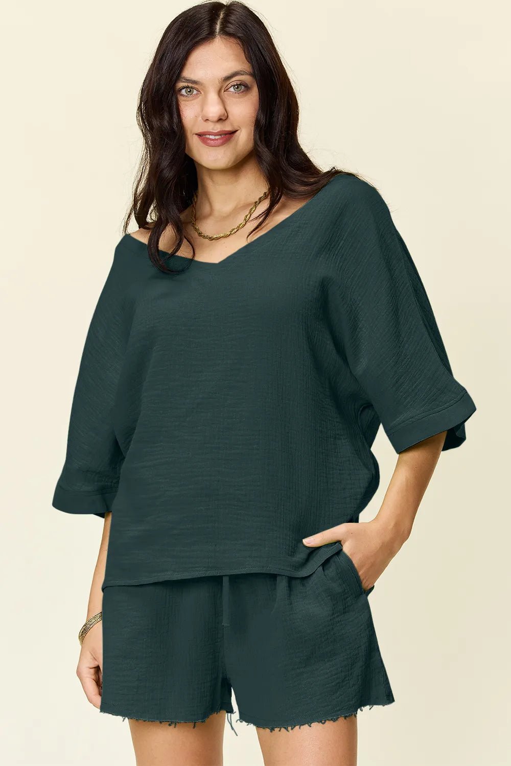 Double Take Texture Half Sleeve T-Shirt and Drawstring Shorts Set - Absolute Discounts