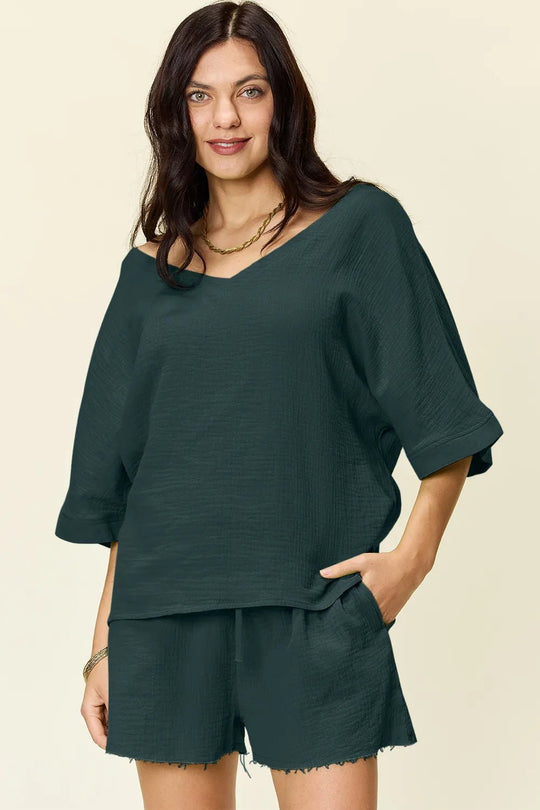 Double Take Texture Half Sleeve T-Shirt and Drawstring Shorts Set - Absolute Discounts