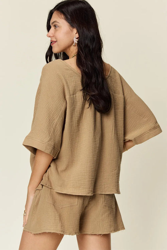 Double Take Texture Half Sleeve T-Shirt and Drawstring Shorts Set - Absolute Discounts
