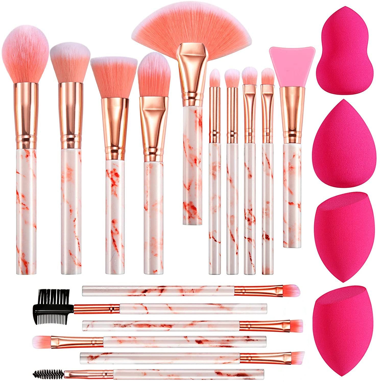 DUAIU Professional Makeup Brushes Set 16PCS Marble Handle with 4Pcs Sponge Blenders Foundation Brushes Eyeshadow Brush Lip Brush Silicone Face Mask Brush Make up Tool - Absolute Discounts