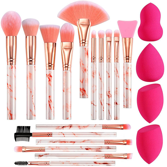 DUAIU Professional Makeup Brushes Set 16PCS Marble Handle with 4Pcs Sponge Blenders Foundation Brushes Eyeshadow Brush Lip Brush Silicone Face Mask Brush Make up Tool - Absolute Discounts