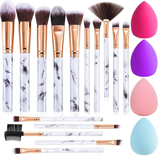 DUAIU Professional Makeup Brushes Set 16PCS Marble Handle with 4Pcs Sponge Blenders Foundation Brushes Eyeshadow Brush Lip Brush Silicone Face Mask Brush Make up Tool - Absolute Discounts