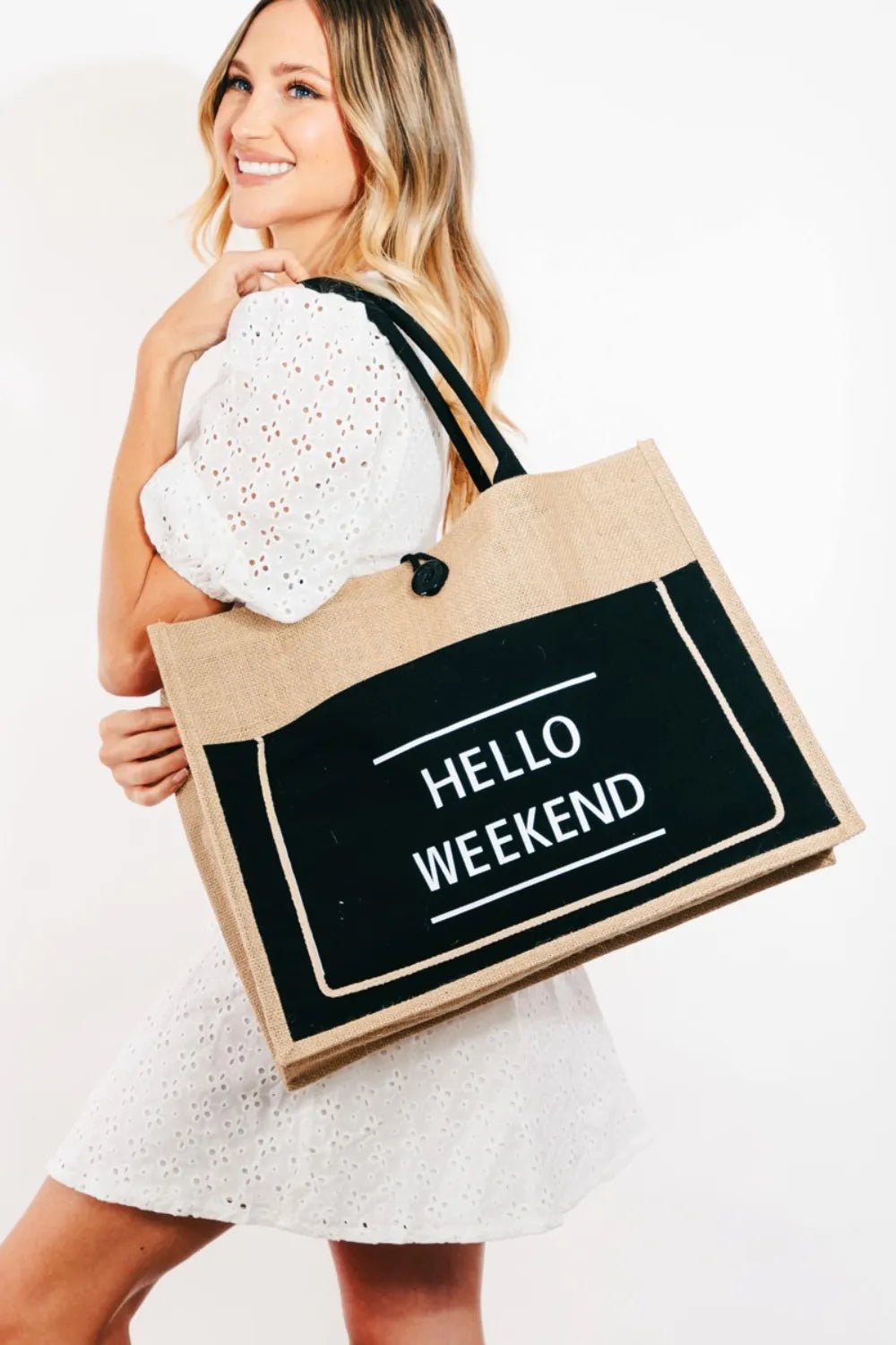 Fame Hello Weekend Burlap Tote Bag - Absolute Discounts