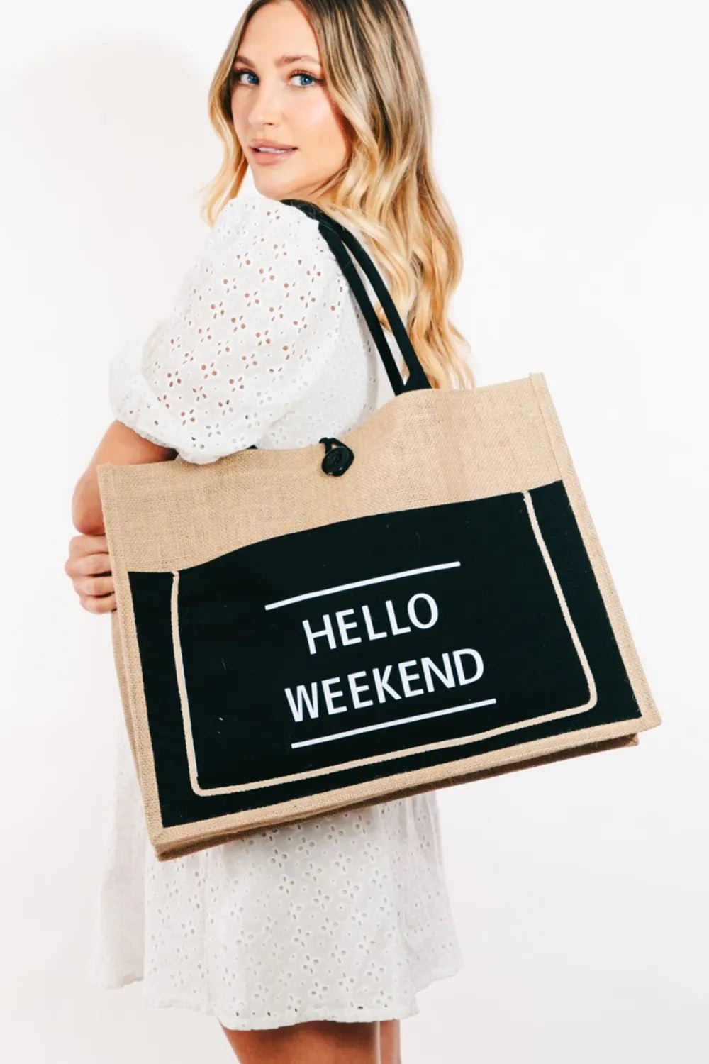 Fame Hello Weekend Burlap Tote Bag - Absolute Discounts