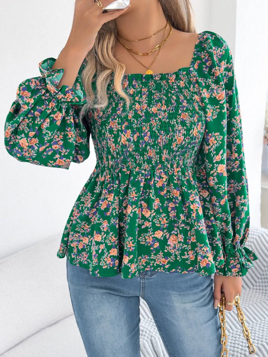 Floral Square Neck Flounce Sleeve Blouse - Absolute Discounts