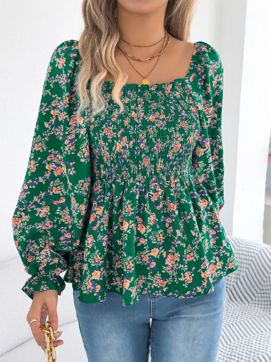 Floral Square Neck Flounce Sleeve Blouse - Absolute Discounts