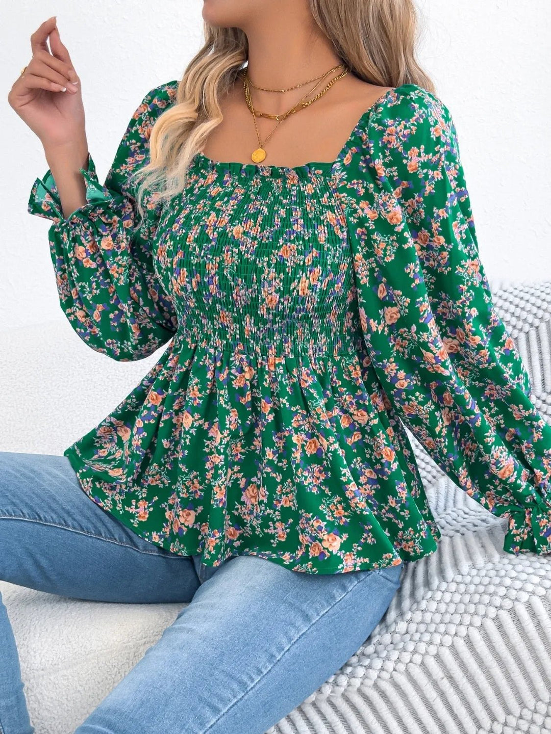 Floral Square Neck Flounce Sleeve Blouse - Absolute Discounts
