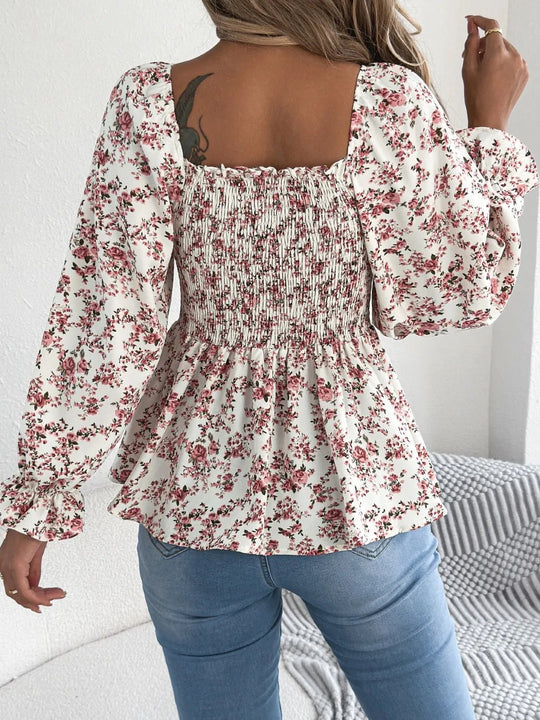 Floral Square Neck Flounce Sleeve Blouse - Absolute Discounts