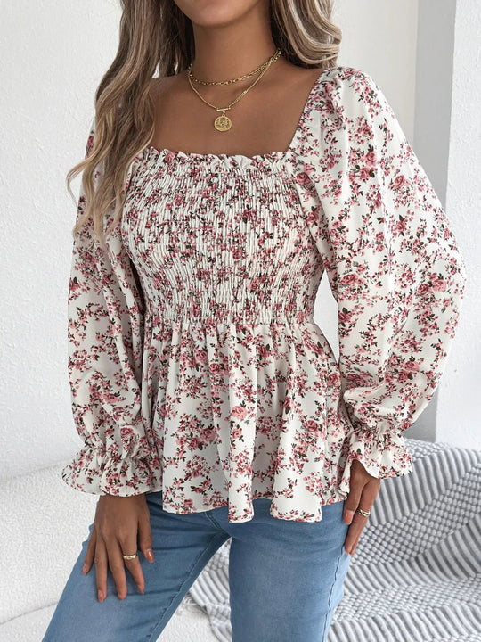 Floral Square Neck Flounce Sleeve Blouse - Absolute Discounts