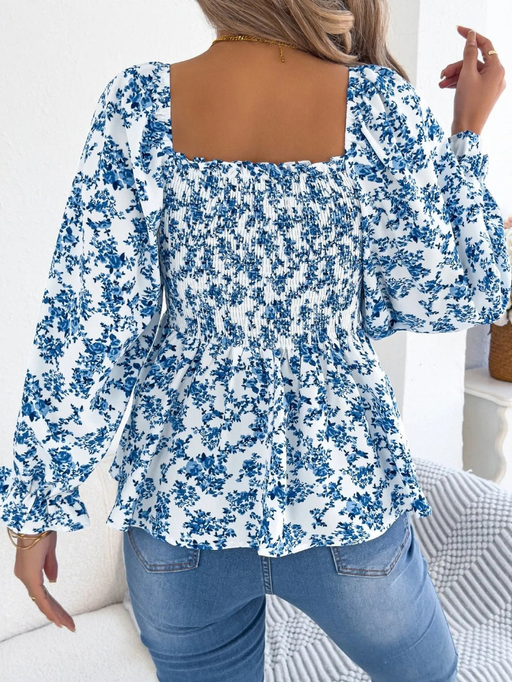 Floral Square Neck Flounce Sleeve Blouse - Absolute Discounts
