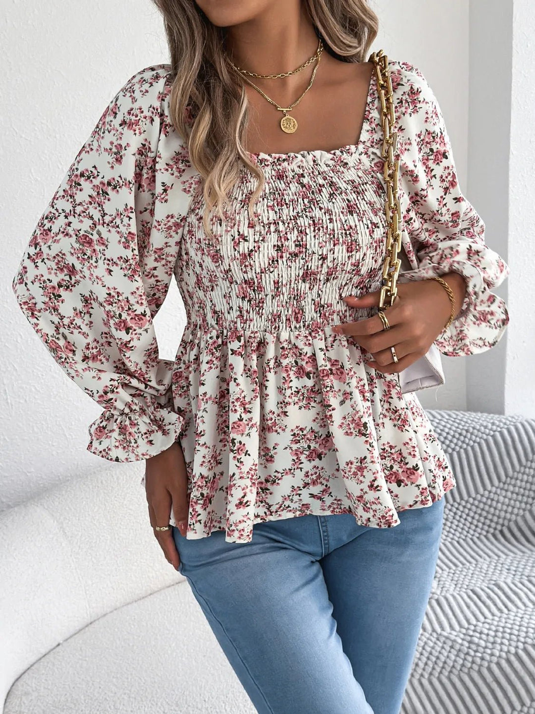 Floral Square Neck Flounce Sleeve Blouse - Absolute Discounts