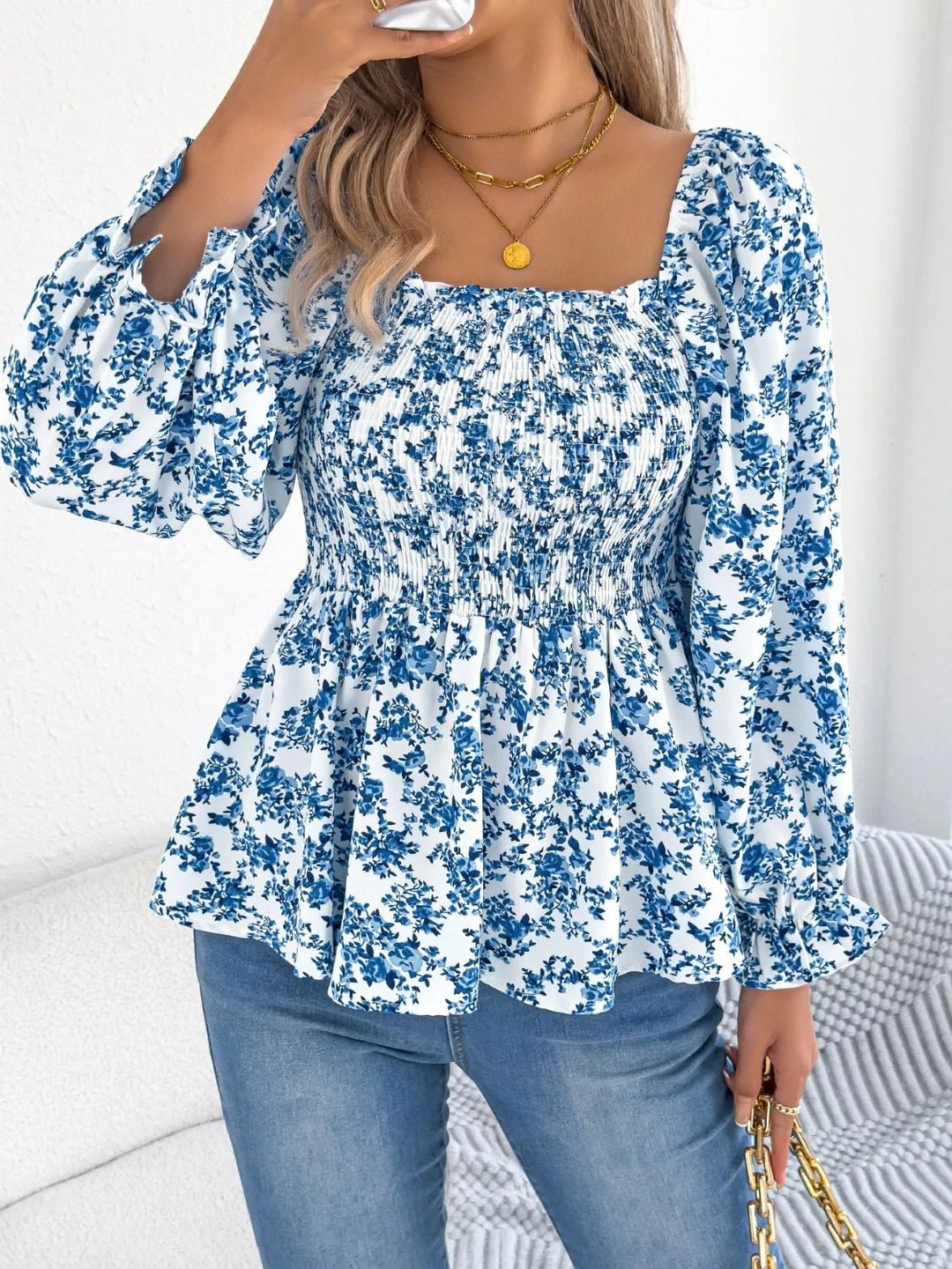 Floral Square Neck Flounce Sleeve Blouse - Absolute Discounts