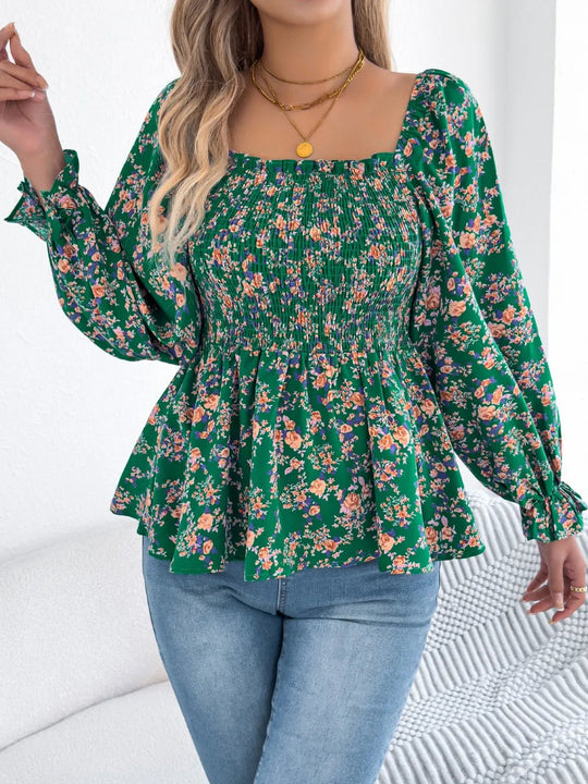 Floral Square Neck Flounce Sleeve Blouse - Absolute Discounts