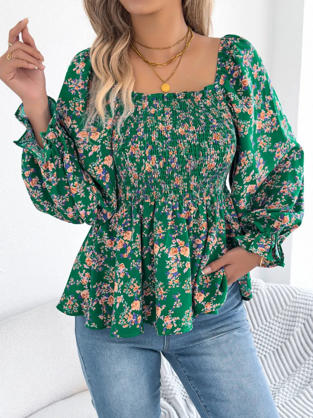 Floral Square Neck Flounce Sleeve Blouse - Absolute Discounts