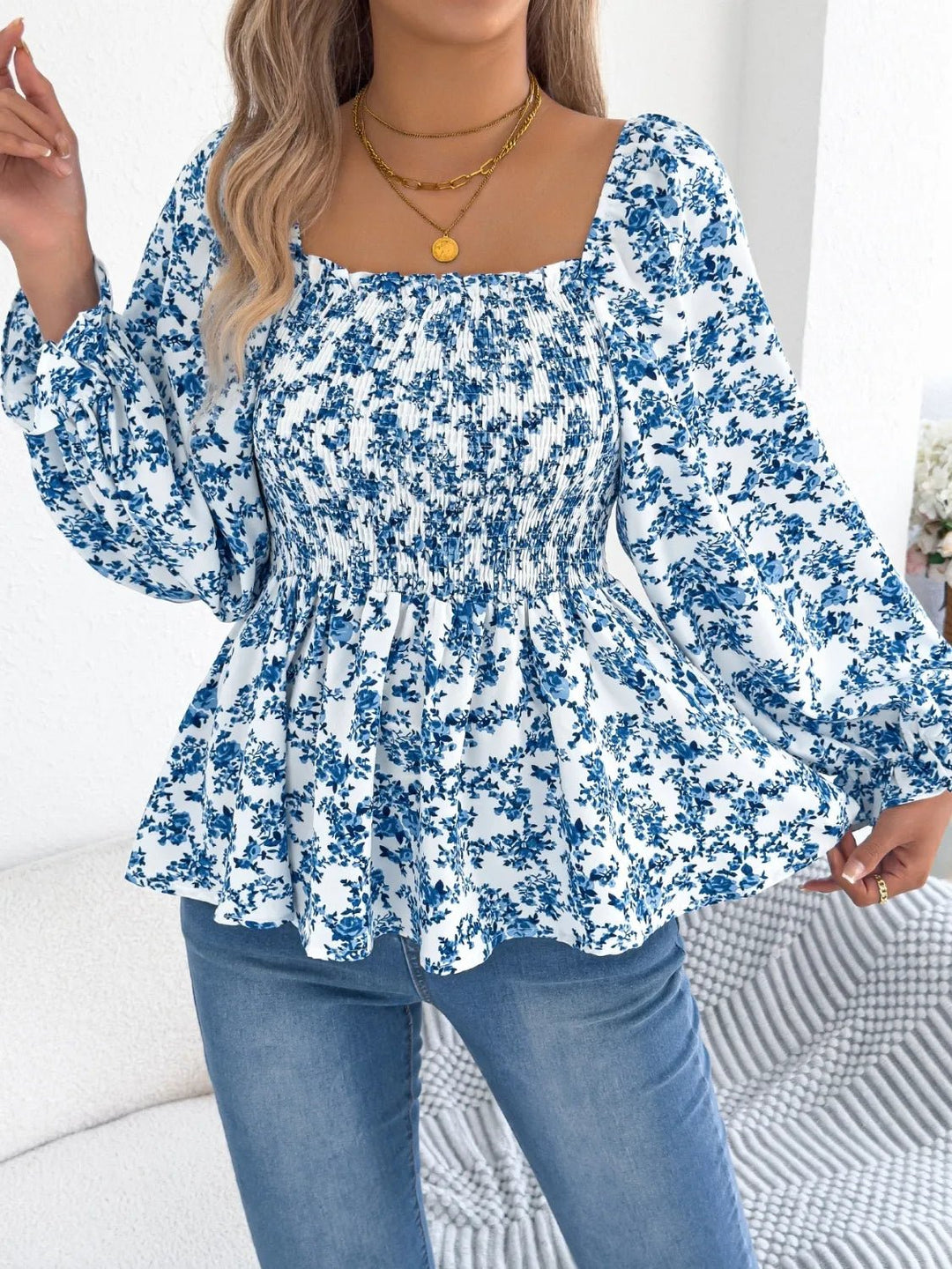 Floral Square Neck Flounce Sleeve Blouse - Absolute Discounts