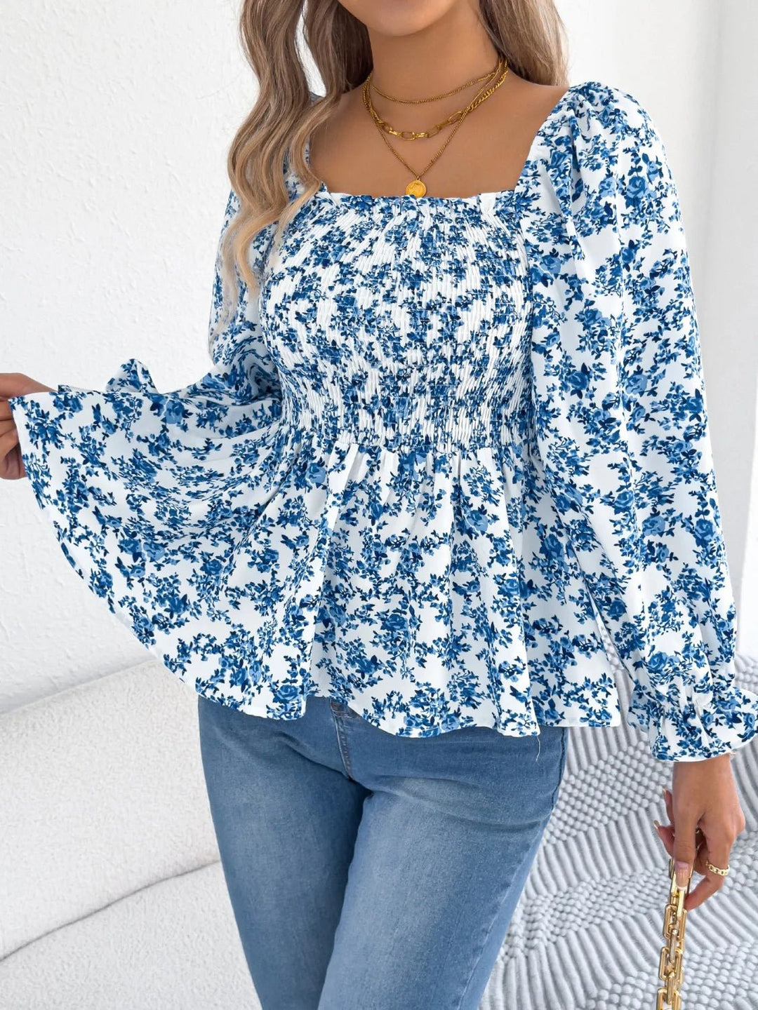 Floral Square Neck Flounce Sleeve Blouse - Absolute Discounts