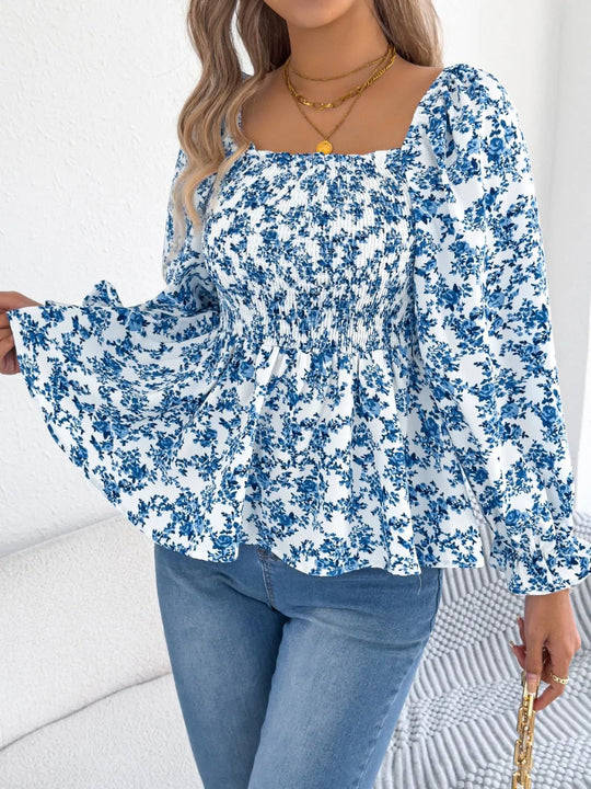 Floral Square Neck Flounce Sleeve Blouse - Absolute Discounts
