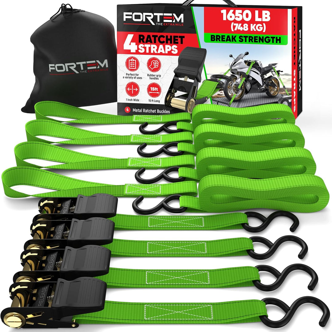 FORTEM Ratchet Straps, 1650Lb Break Strength, 4 Pack 15Ft X 1In Tie down Strap Set, 4 Soft Loops, Motorcycle Straps Tie Downs, Cargo Cam Buckles for Trucks, Rubber Handles, Carry Bag - Absolute Discounts